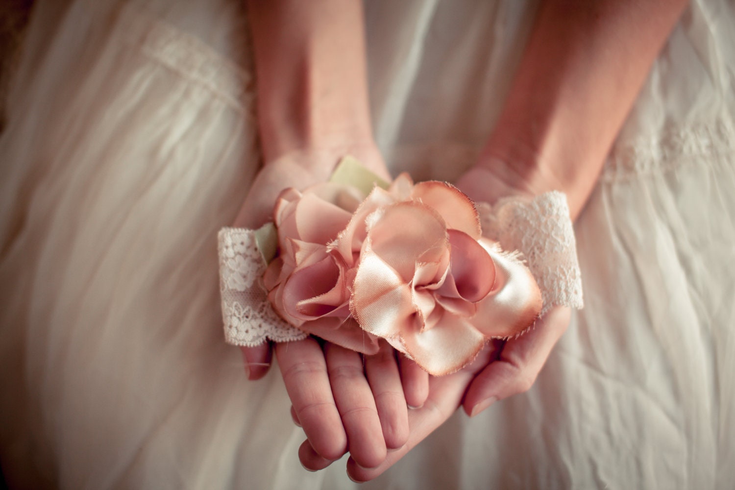 Tea Stained Vintage Pink Wedding Bridal Garter - Wedding Accessories - Natural Cotton Rosette and Lace Butterfly Garter