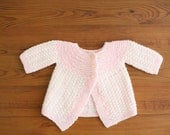 Vintage Cardigan . Baby Sweater . Pink & White . 3 to 6 Months