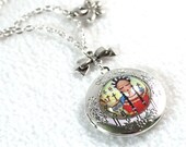 Frida Locket, Day of the Dead Charm Necklace Pendant, Mexican Silver Vintage Inspired Jewelry, Original Frida Kahlo and Cat Art Print, Red