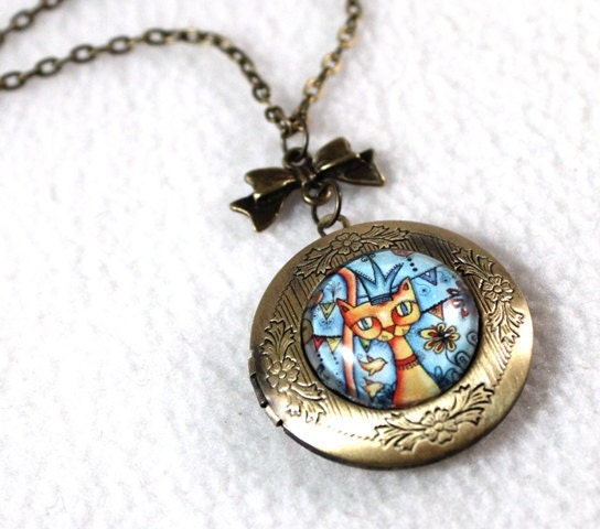 Cat Locket, Bronze Charm Necklace Pendant, Antique Gold Mexican Vintage Inspired Locket Jewelry, Original Cat Art Print, Blue