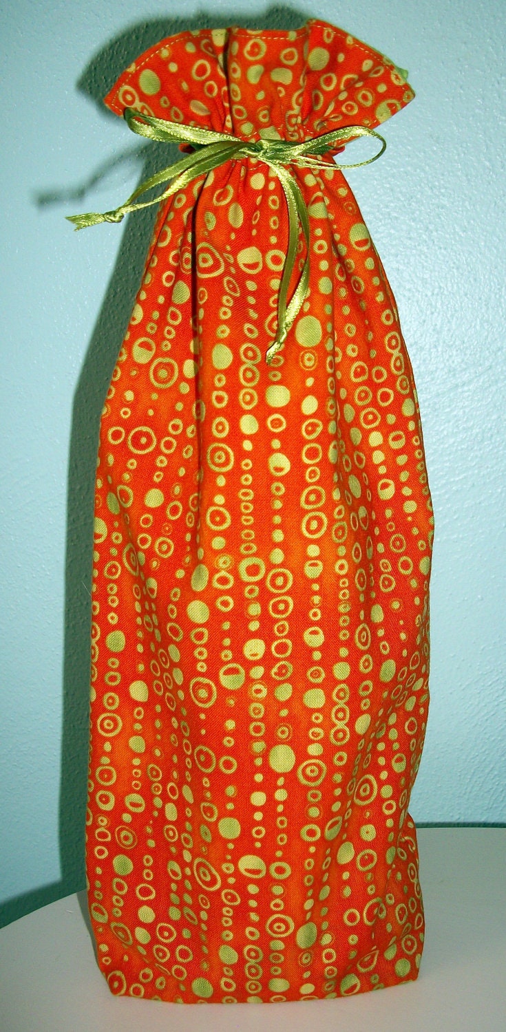 Orange and Green Wine Bottle Bag - Reversible - Drawstring - Reusable