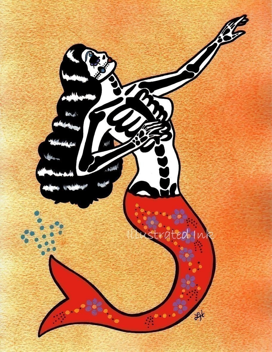 LA SIRENA Day of the Dead Art Mermaid Loteria Print 11 x 14