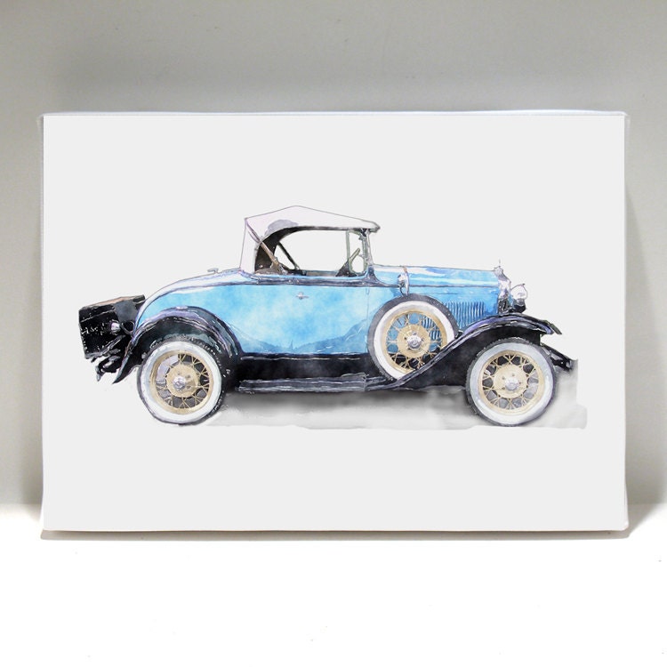 Vintage Roadster Art on  5x7 Canvas Print on Wood Block - Vroom Vroom Vroom  - Home Decor - Wall Art