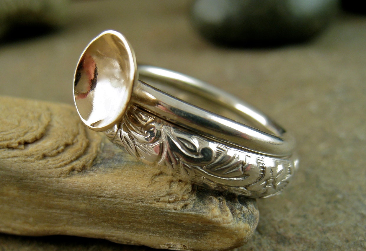 Modern Sterling Silver & Gold Wedding Band Set, Contemporary Silver and Solid 14k Gold Engagement Ring Romantic Sterling Silver Wedding Ring