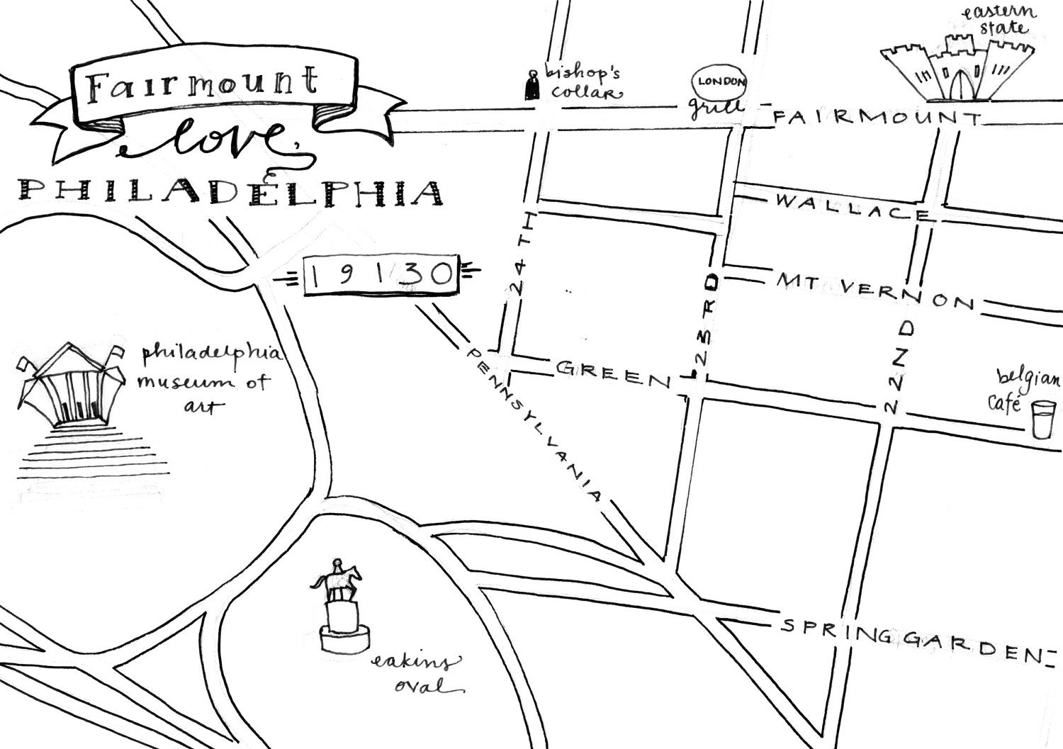 Fairmount Hand-Drawn Map Philadelphia