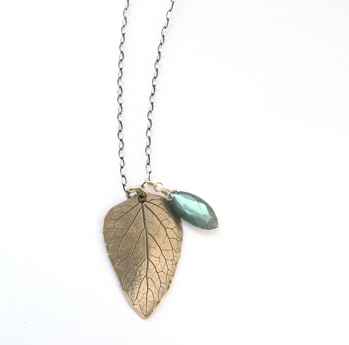 Reclaimed Bronze Leaf Silver Chain Necklace - Smoky Quartz Teardrop - Mixed Metal