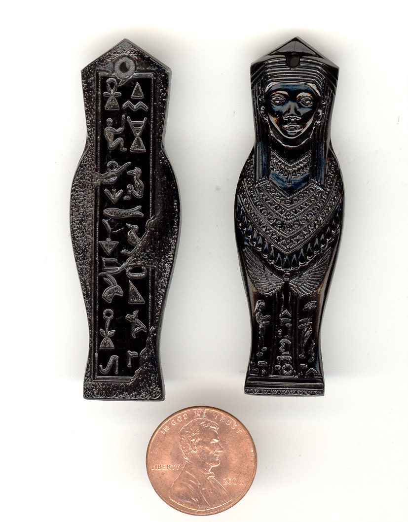 1 Vintage Czech Jet Black EGYPTIAN  MUMMY Ornately Pressed Glass Figural Pendant W/Hieroglyphics On Back. 2-1/2"  No.R21 - BonkersForBeads