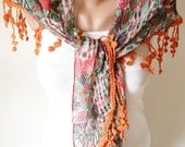 SALE - Two side Red,Green  and Purple, Orange Scarf from %100 cotton with flora desing and rose lace