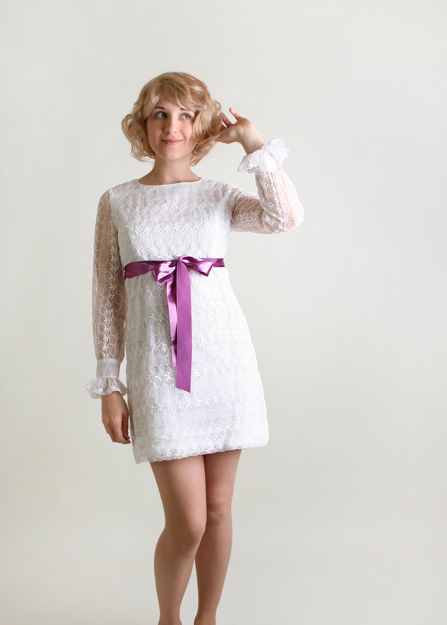 1960s Lace Illusion Twiggy Dress - Vintage Pure White Mini Dress - Small to Medium