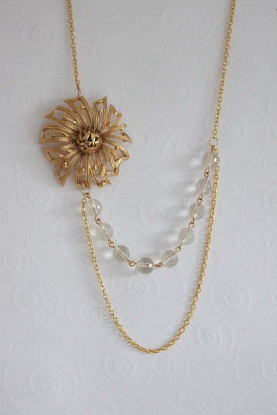 Sunflower Necklace, Gemstone Necklace, Golden Flower Jewelry, Wedding Necklace,Vintage Jewelry, Lemon Quartz Necklace Necklace