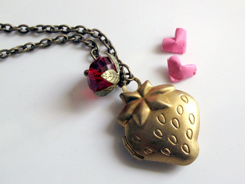 Sweet Strawberry Cherry Brass Locket red faceted glass bead necklace