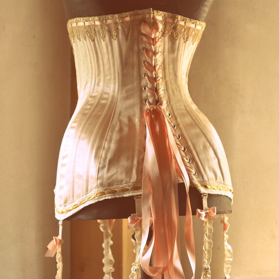 Edwardian Corset, Wedding Lingerie, Edwardian Clothing with Garters, Historical Costume, Peach