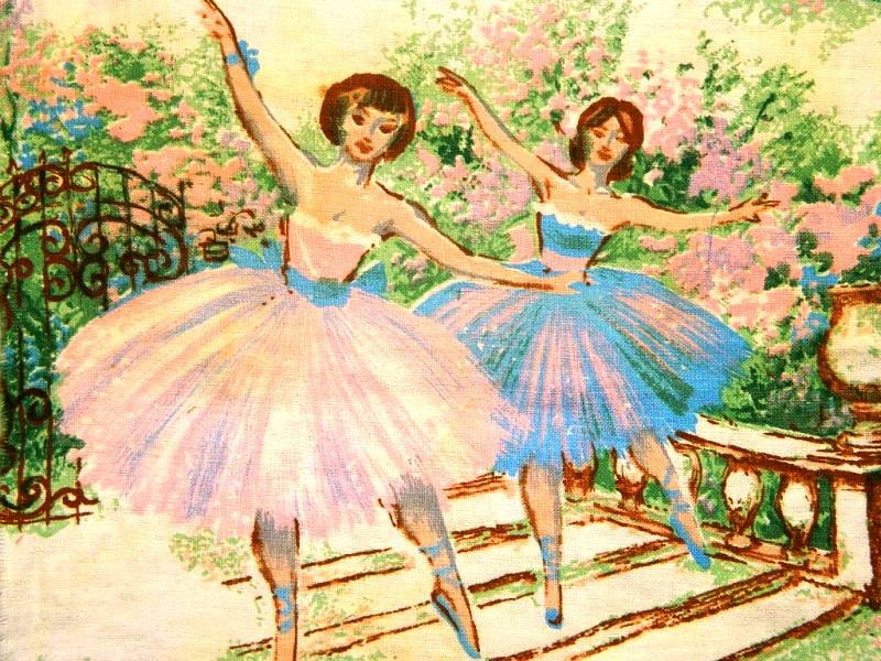 Rare Vintage Ballarenia Fabric Panel, Dancer, Ballet, Mid-Century, Pinks, Blues, Dancing, in the Garden