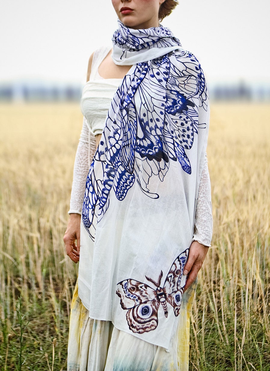 Women scarf, Hand painted Butterflies in Indigo, stunning unique and useful