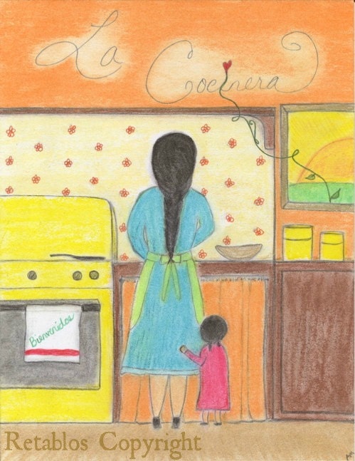 Mexican Folk Art Retablo-  La Cocinera, The Cook, Childhood Kitchen, Sunny Mornings, Breakfast Dreams