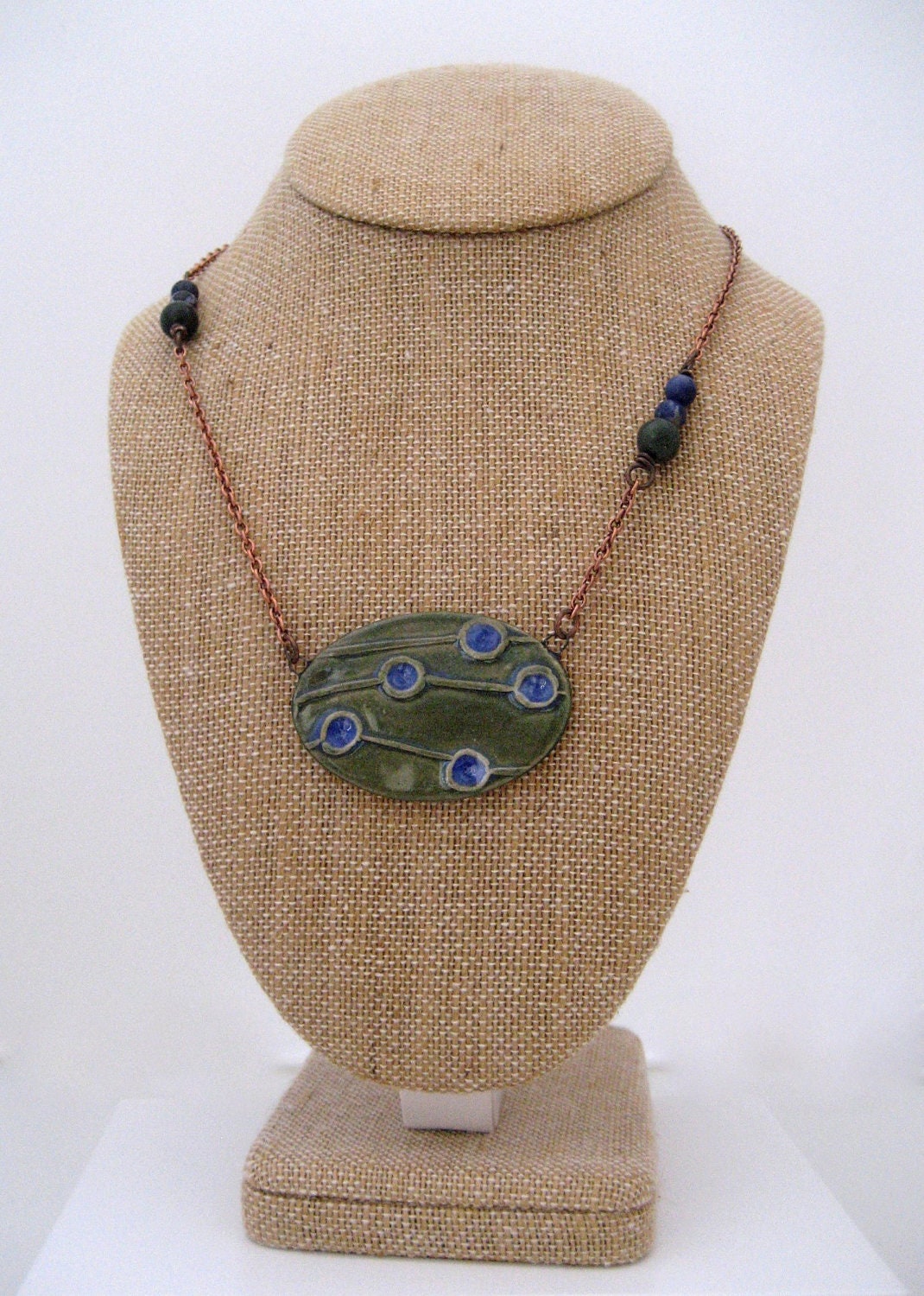 Asymmetrical Earthy Necklace Ceramic Stone Green and Blue