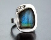 Labradorite and Silver Statement Ring, Blue Green Flash