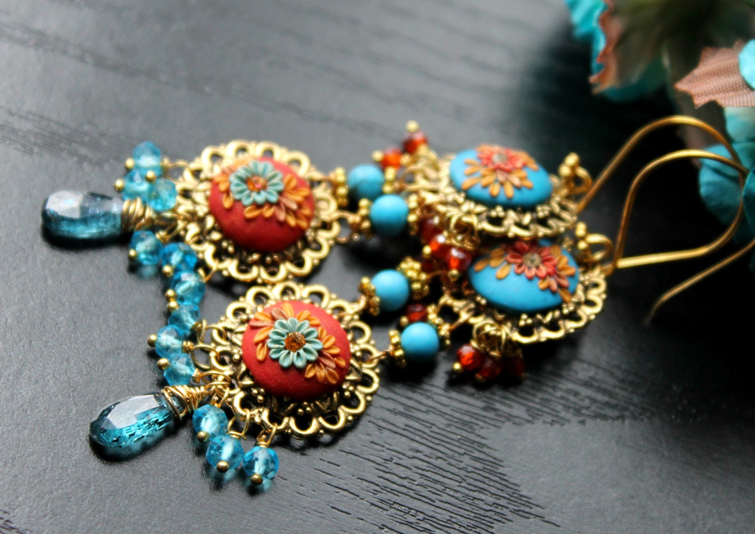 Kyanite, Blue Topaz, Turquoise and mexican opal cz  gold earrings with ornate brass settings and clay details - A Darling Duo