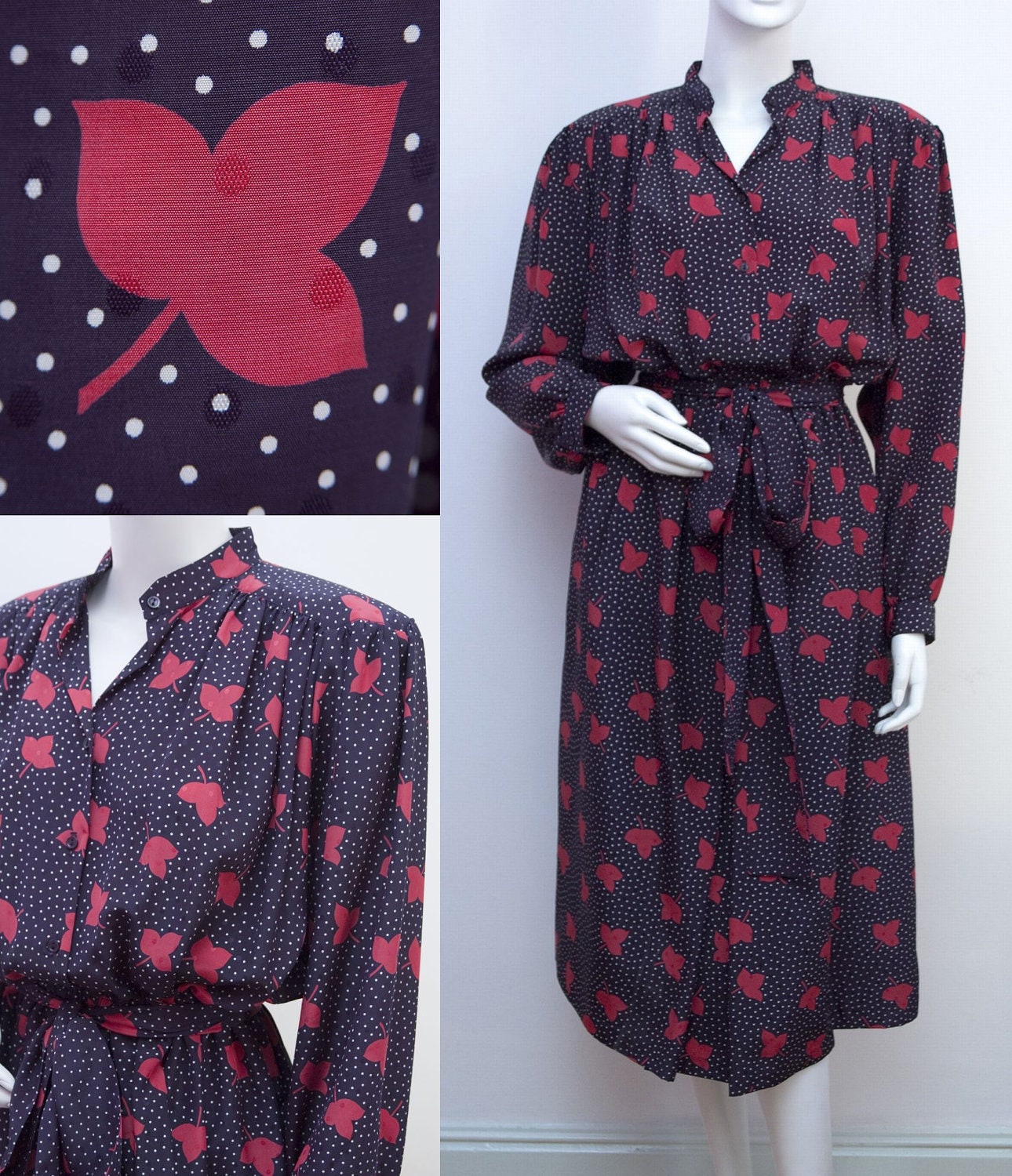 Vintage Dress 1980s Blue Chic Dress Belted Polka Dot and Red Leaf Shirt Waist Dress by Alexon Size Large