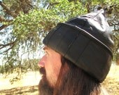 Black Leather Unisex MongolMation Pointy Hat with Roll- Up Brim
