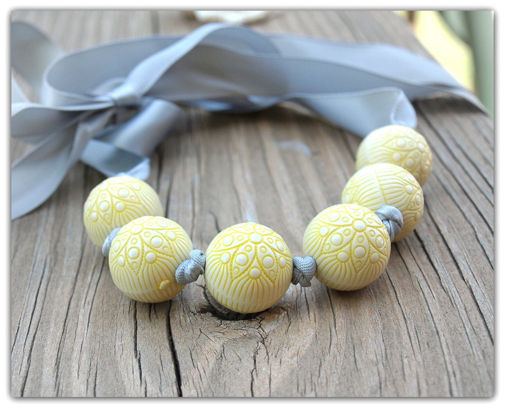Yellow and Grey Ribbon and Beaded Necklace
