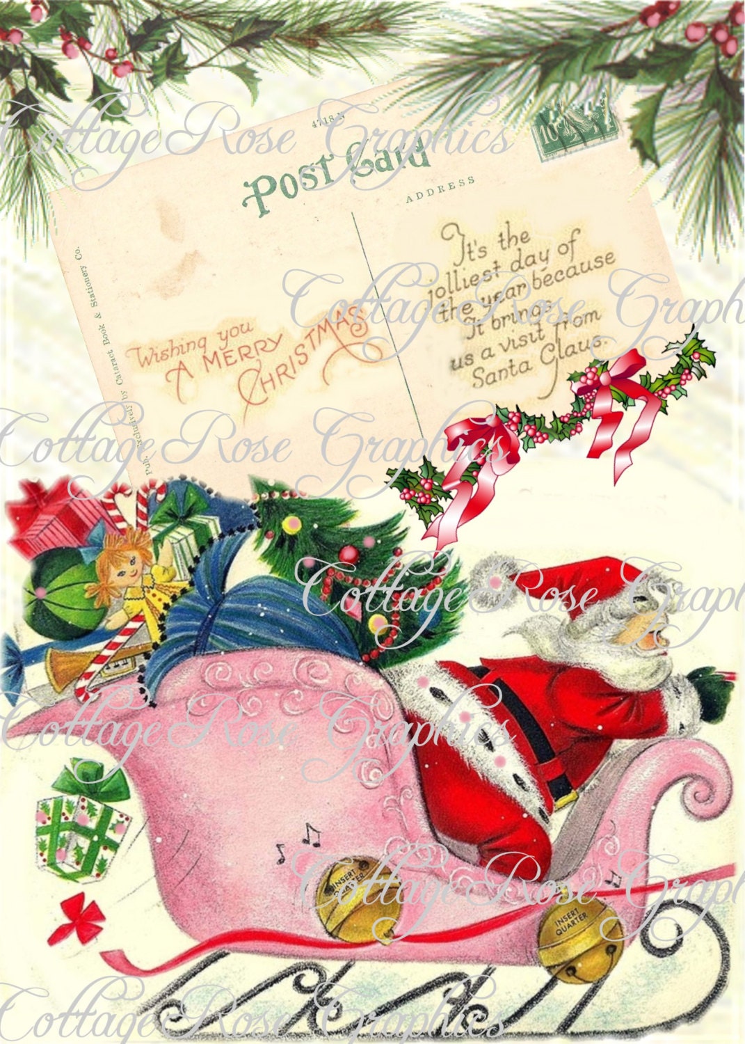 Vintage PINK Santa Sleigh CHRISTMAS  shabby cottage Large digital download  ECS buy 3 get one free