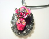 Pink and Black Rose Lolita Day of the Dead Sugar Skull Necklace