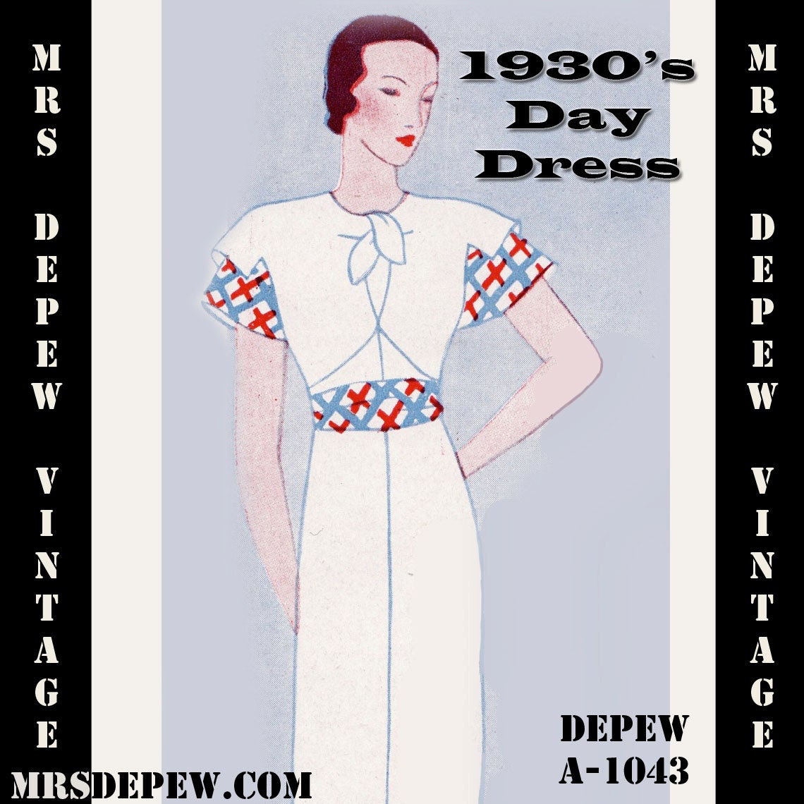 Vintage Sewing Pattern 1930's Dress With Collar Ties in Any Size Depew A-1043 Draft at Home Pattern -INSTANT DOWNLOAD-