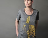 Womens T shirt - Gold Bunny Rabbit - Alternative Apparel Ash Grey Slouchy Spring T-shirt