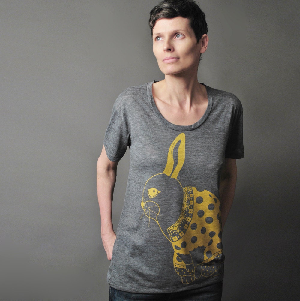 Womens T shirt - Gold Bunny Rabbit - Alternative Apparel Ash Grey Slouchy Spring T-shirt
