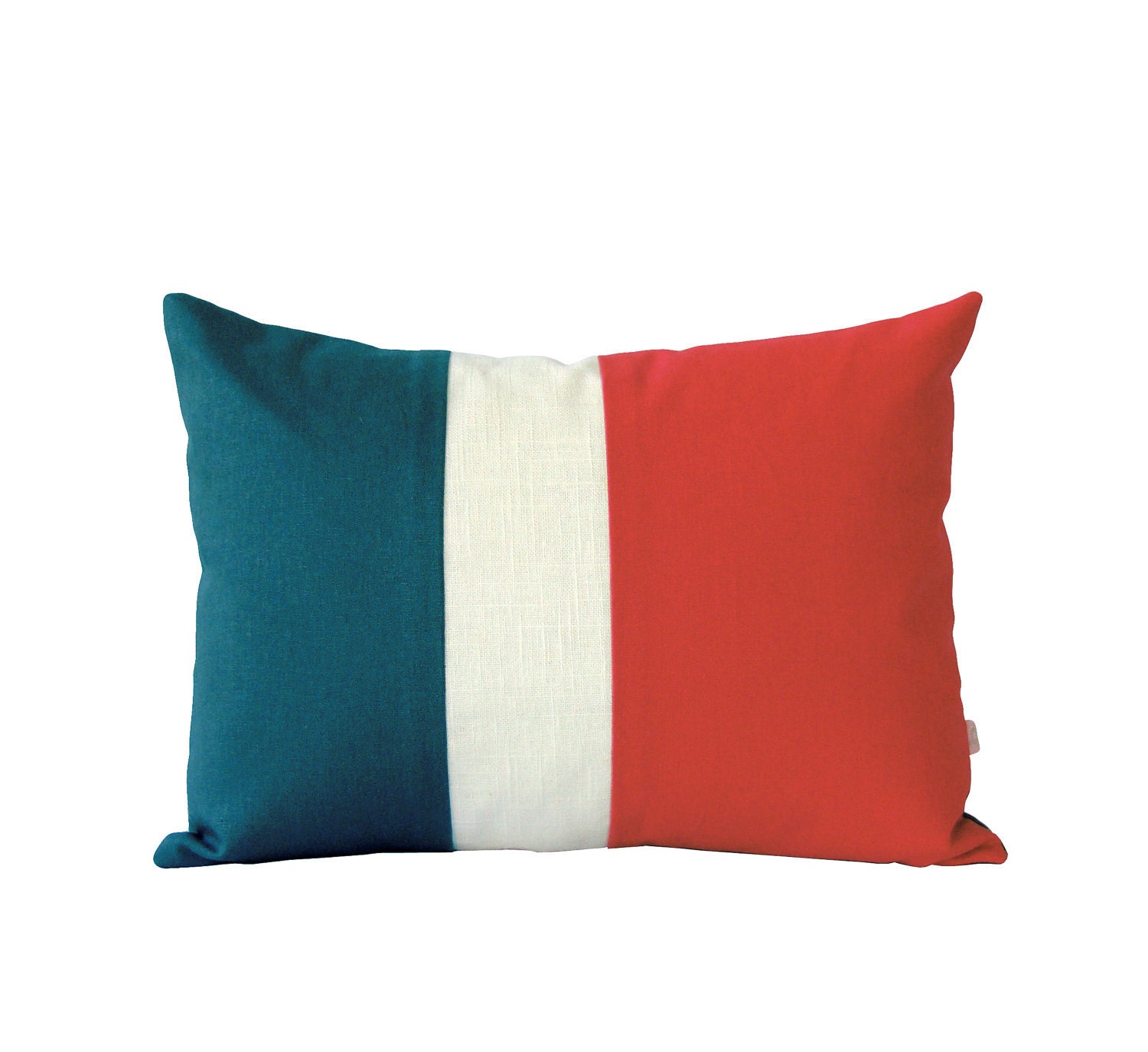 Colorblock Stripe Pillow in Tangerine Tango, Cream and Teal Linen by JillianReneDecor Modern Home Decor Color Block Trio Coral - JillianReneDecor