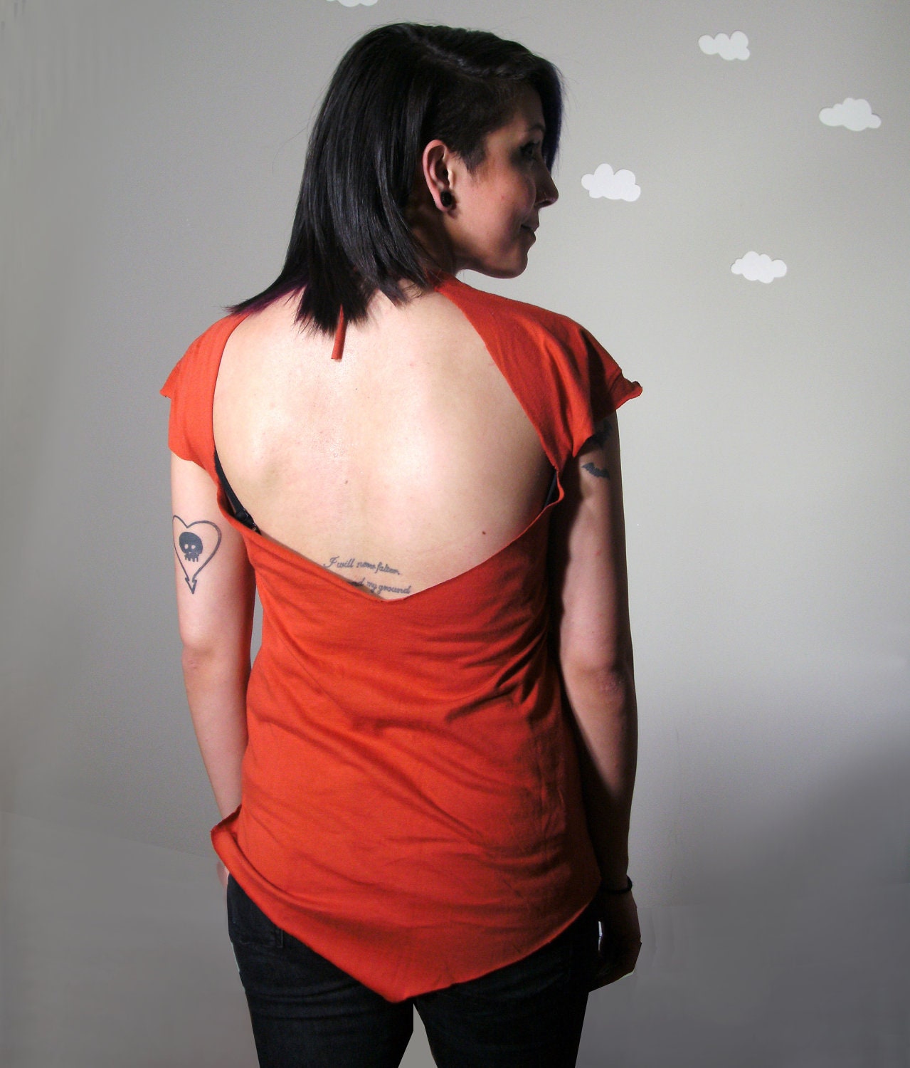 Handmade shirt top tunic eco high low hem cutout cotton pumpkin orange small POINT OUT the WAY