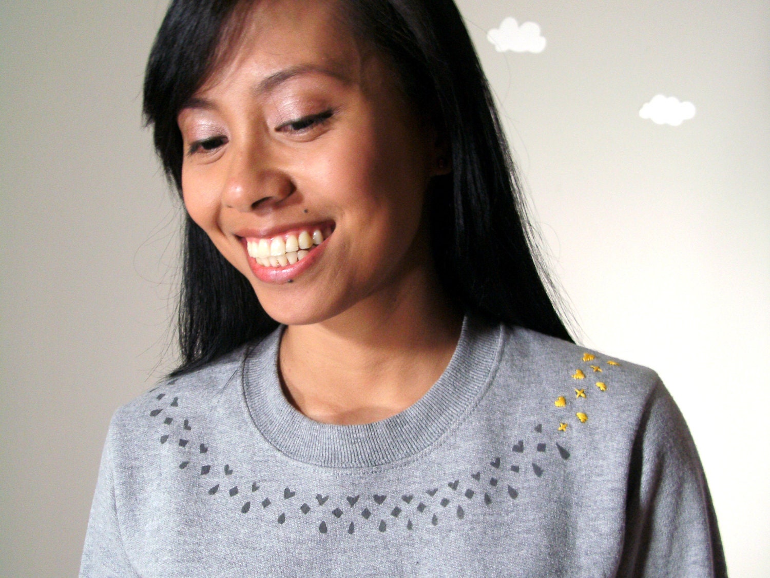 Eco sweatshirt light grey sweater printed heart geometric collar embroidered small SWEET STITCH