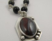 Metallic Gray Burgundy Artisan Metalwork Necklace. Sterling Silver Hematite Tiger Iron Stone Jewelry.