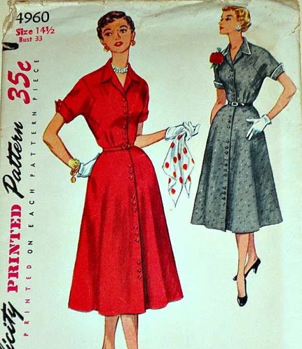 Vintage 1950's Simplicity 4960 Sewing Pattern One Piece Dress Size 14 1/2 Bust 33