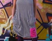 Black and White Striped Dress with Pockets and Pink Skull and Crossbones Patch: Size Medium