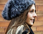 Slouchy hat, Knit Adult Hat, Black Chunky Wool Hat, black and gray hat