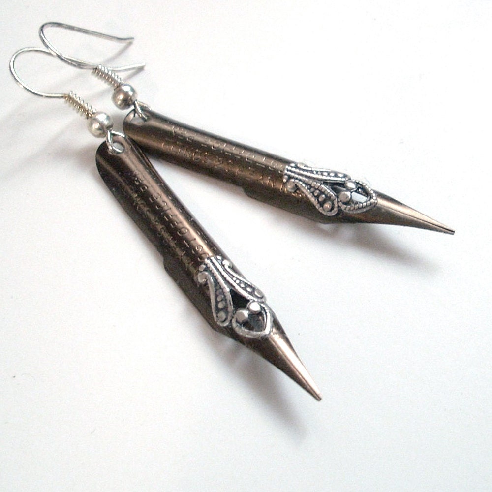 Poetic License - Vintage Pen Nibs - Intricate Silver on Steel Earrings Jewelry