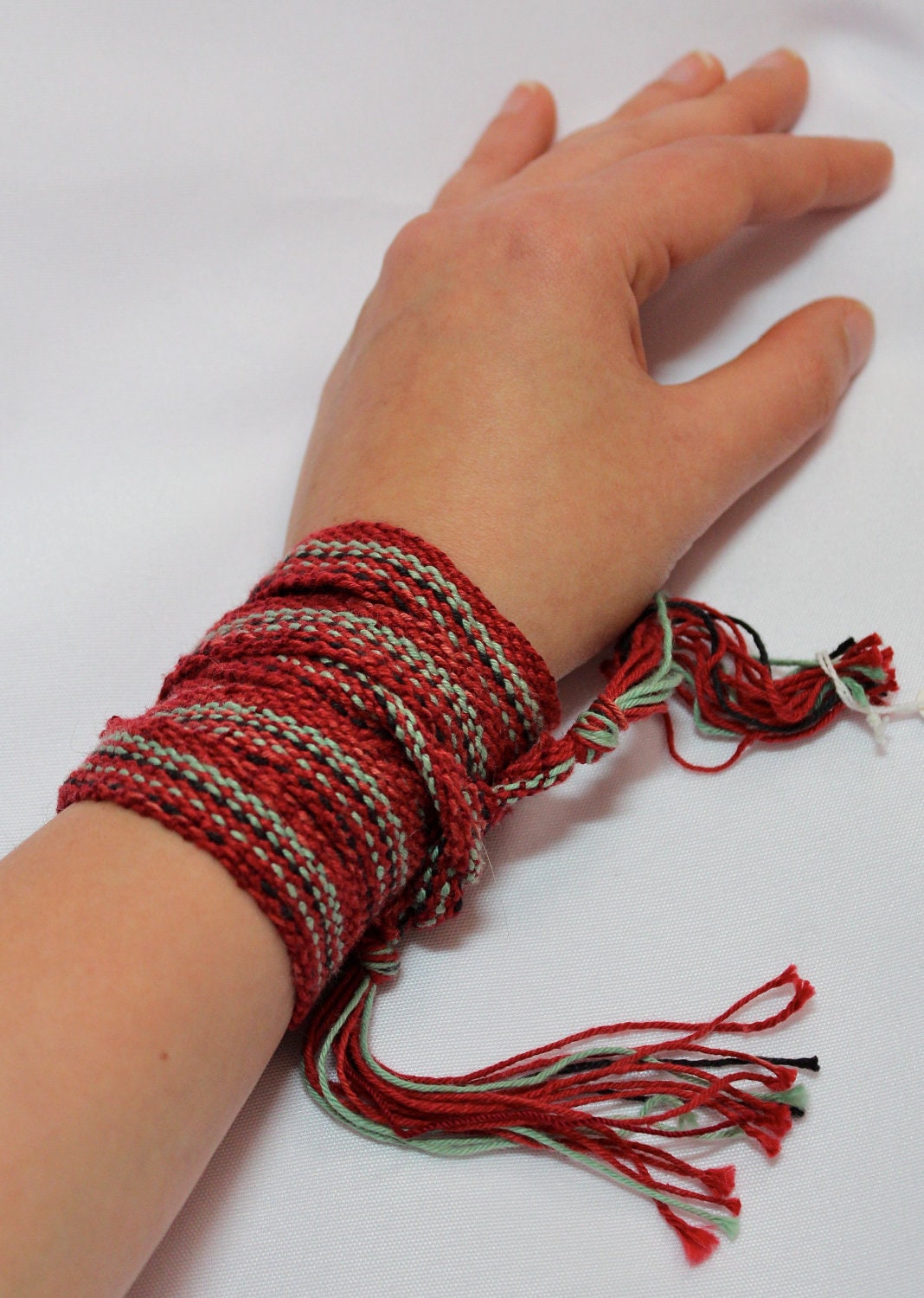 Handwoven Red, Seafoam and Black Skinny Belt - Woven Fashion Accessory - Tie as a Bracelet, Necklace or Belt