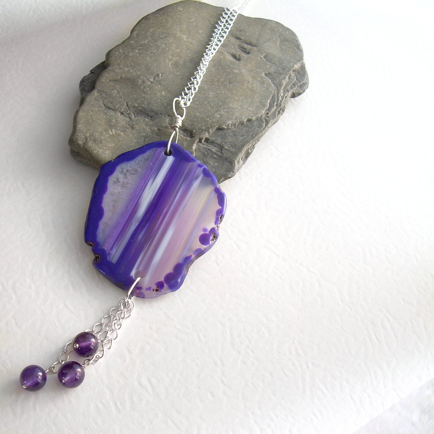 Long Purple Stone Necklace, Amethyst & Agate Pendant, Statement Jewelry