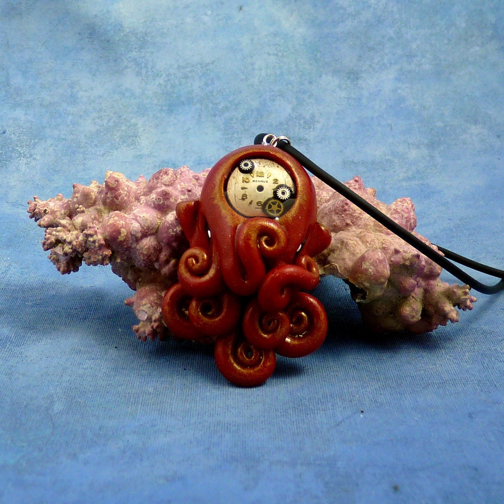 Gilded Steampunk Octopus Necklace, Polymer Clay Neo-Victorian Jewelry