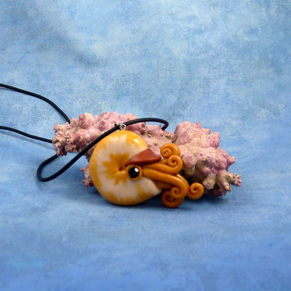 Brass Nautilus Necklace, Polymer Clay Jewelry Pendant
