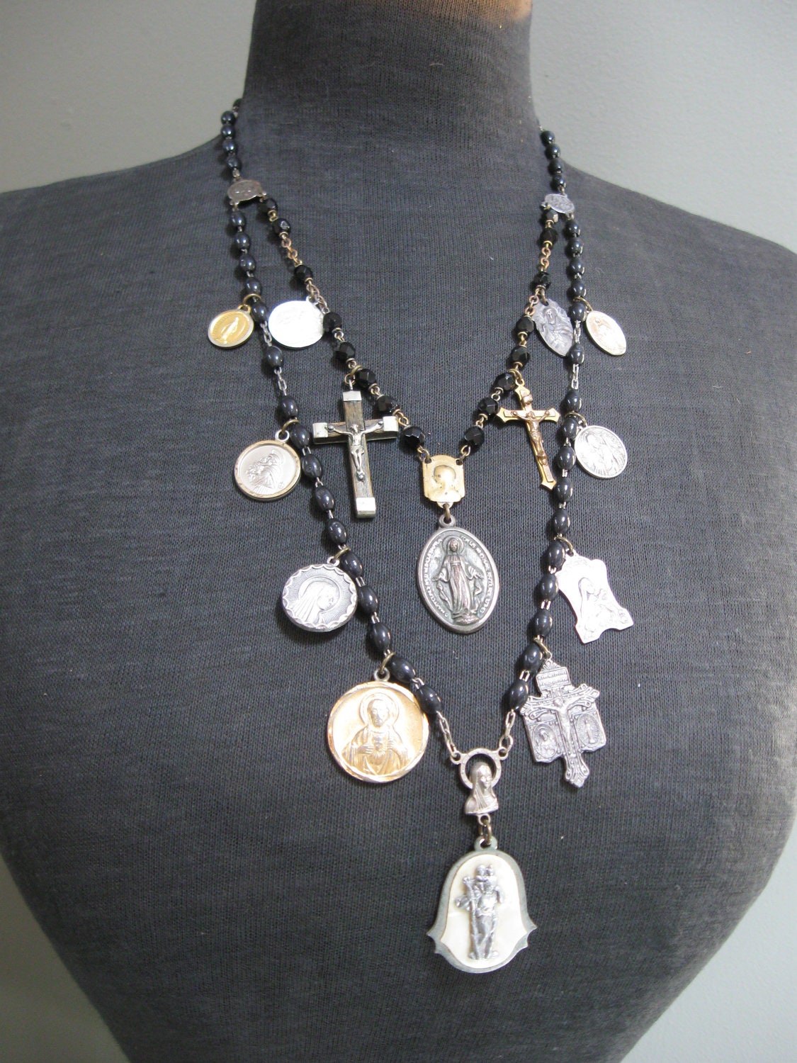 Gothic Catholic Medallion Assemblage Necklace with Salvaged Rosary Beads - Revelation