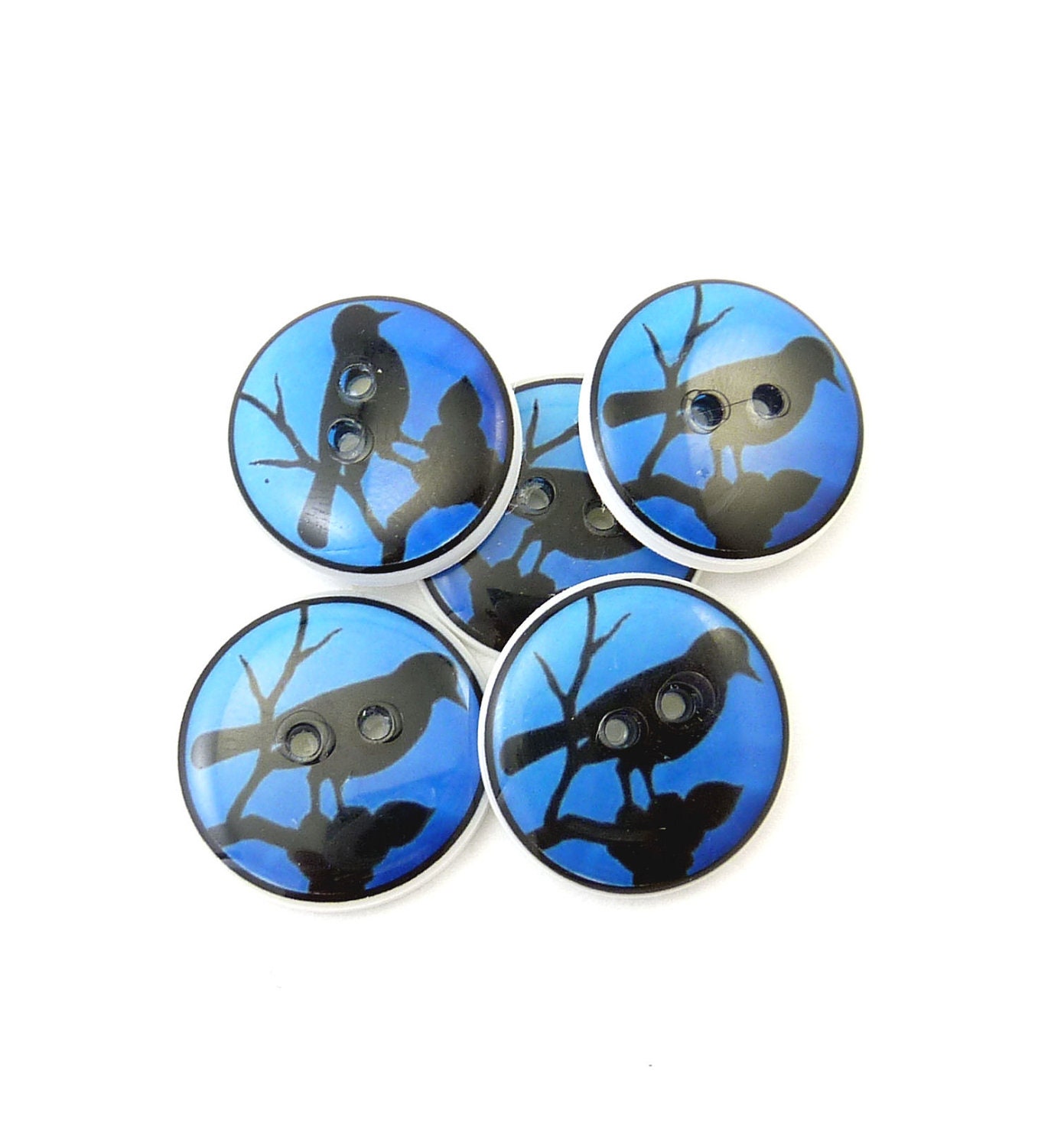 5 Bird Buttons. Handmade Buttons.  Blue Bird Sewing Buttons.