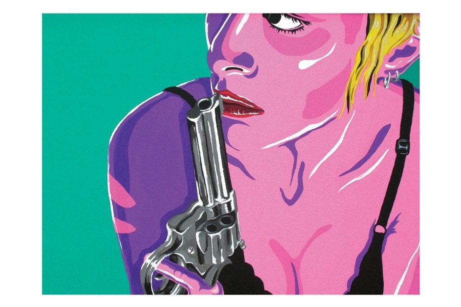 Pink Girl with Gun - 18 x 12 high Quality Art Print