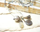 Locket necklace charmed crocheted moss aquamarine abstract brass artisan handmade one of a kind