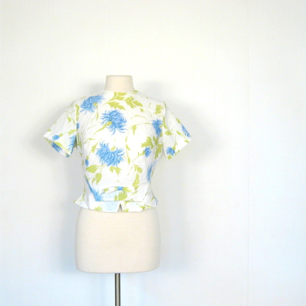 Vintage 1960s Blouse / Thistle Print / 60s Blouse / S M