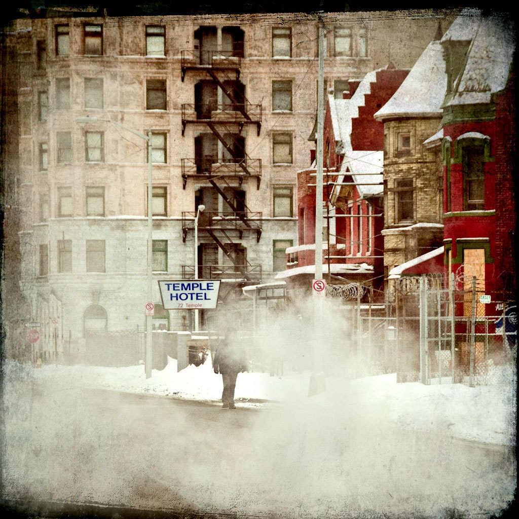 16x16 - Surreal Fine Art, Detroit landscape, cityscape, winter color photography "Temple Hotel"