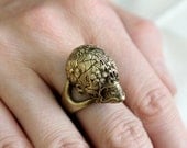 Sugar Skull Ring in Burnished Yellow Bronze Size 6 only - An Exclusive of Moon Raven Designs