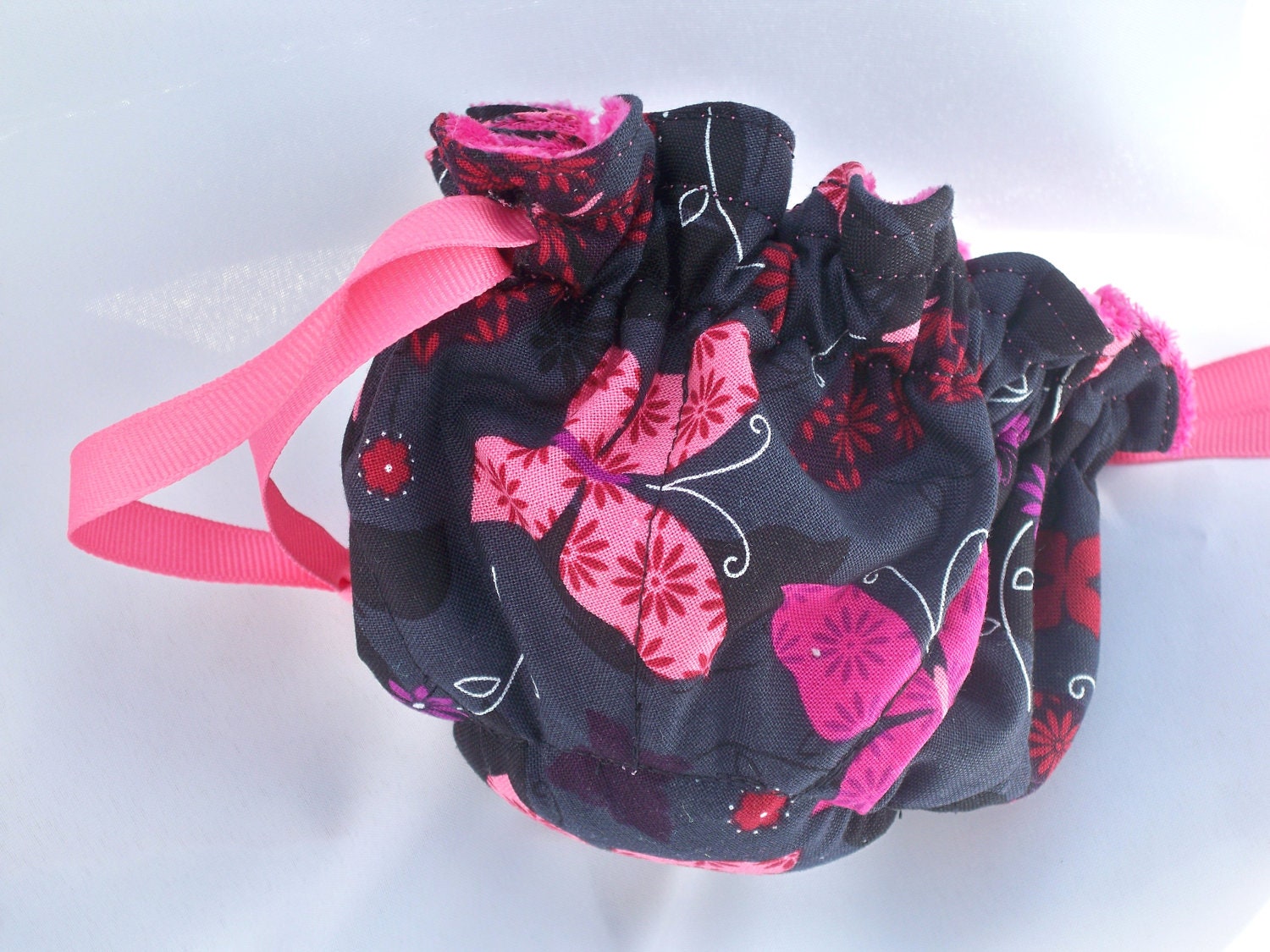 Jewelry Pouch, Pinks, Black, Bright, Butterflies, Cotton, Panne Velour